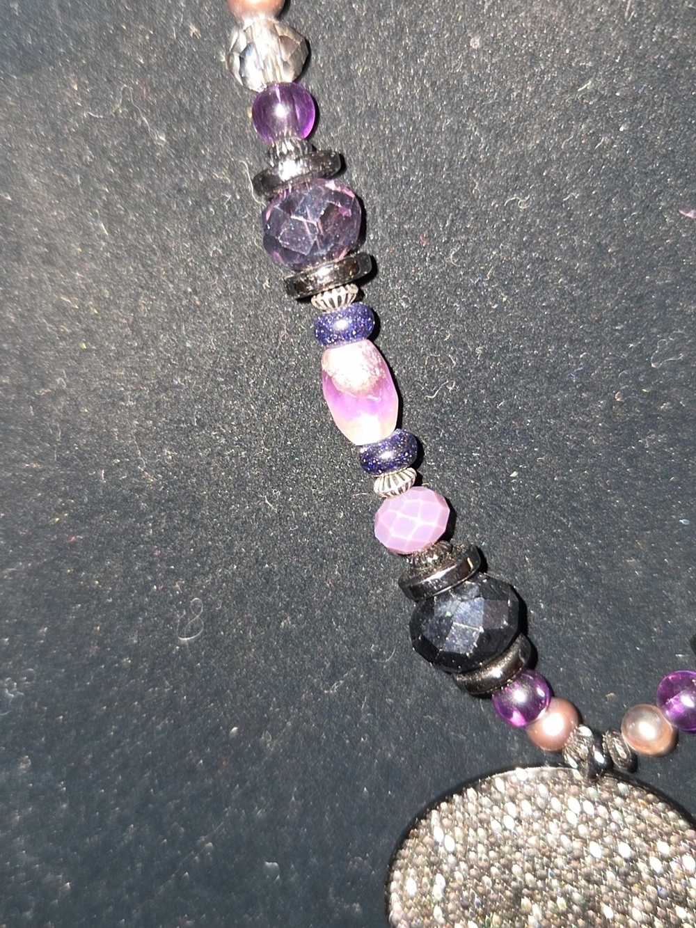 Chico’s Purple Beaded Pavé Disc Pendant Statement Necklace Silver Tone - Picture 5 of 10